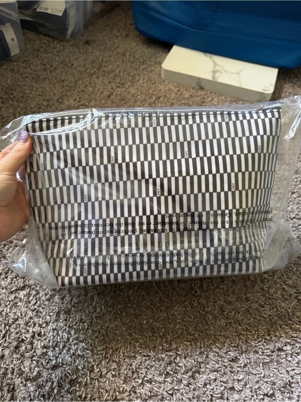 Jones New York Black and White Striped Travel Pouch + Travel Bottle